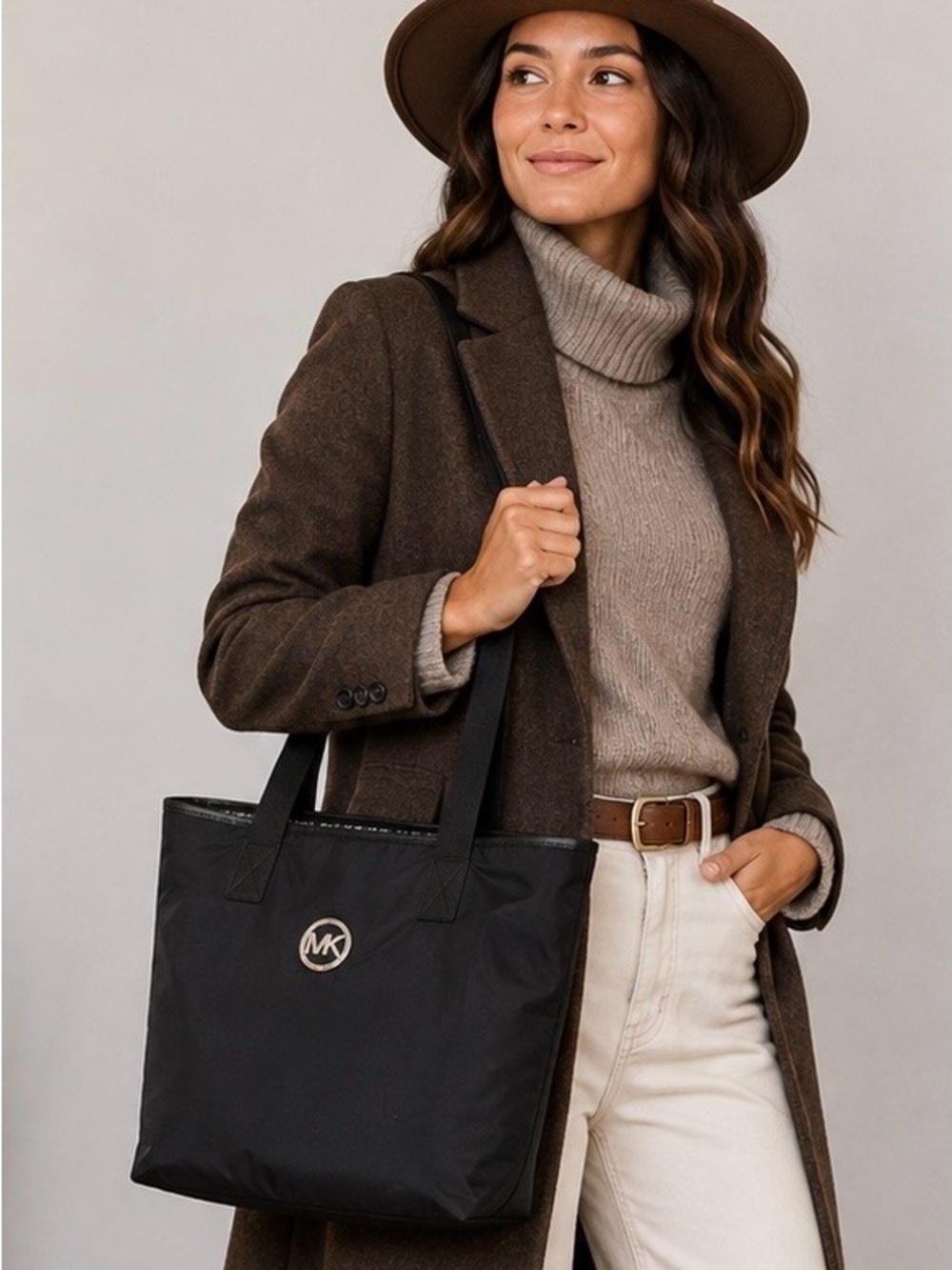 Michael Kors Reversible Nylon Tote Bag Black Logo Print Large Travel Everyday